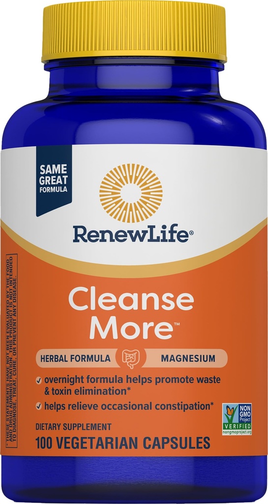 Renew Life Detox Cleanse More, Reduces Bloating and Restores Regularity, Overnight Constipation Relief, Soy, Dairy and gluten-free, 100 Capsules