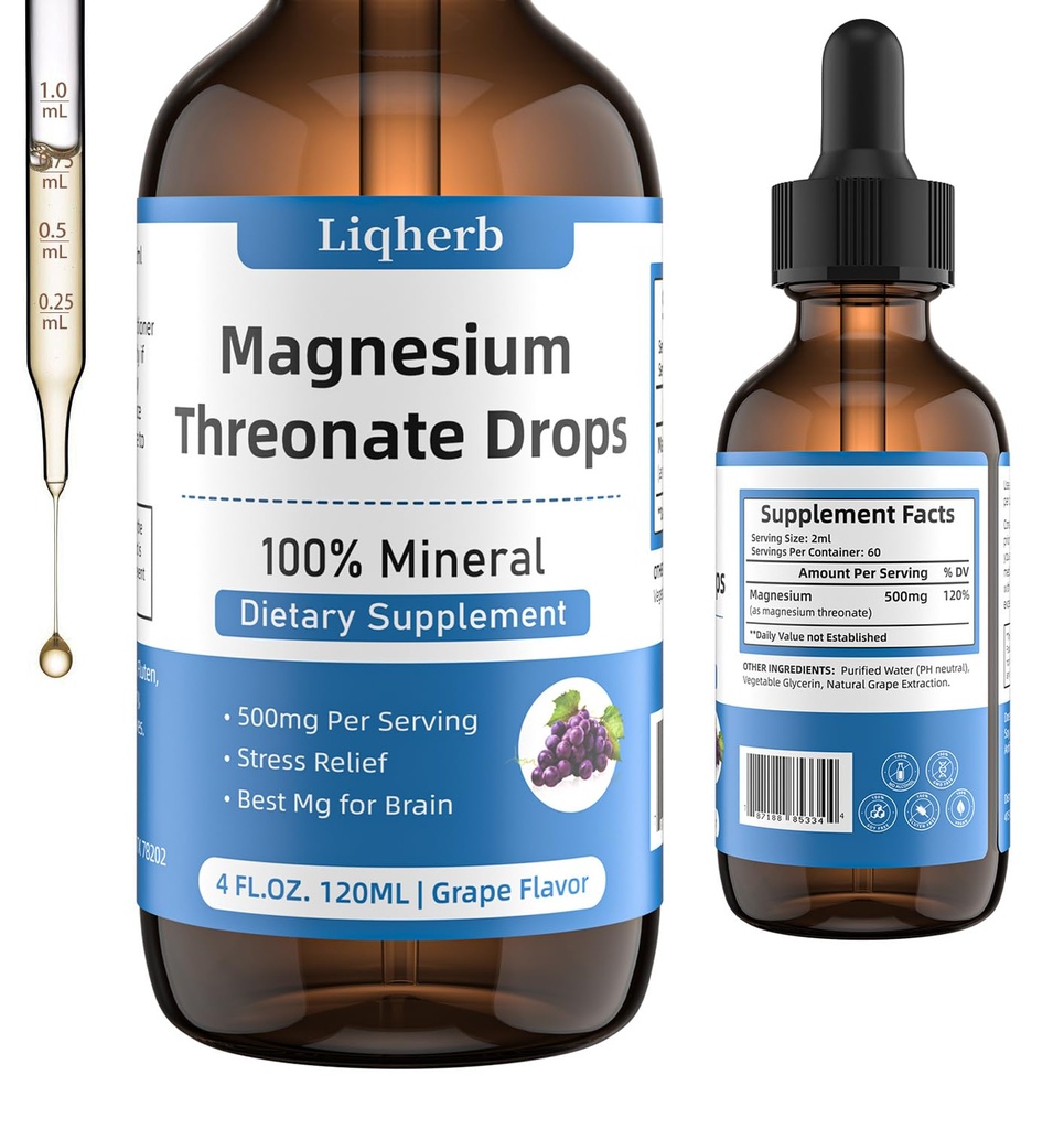 Magnesio Threonate Liquid 500mg, per Adulti &Kids, Base di glicerina vegetale con una migliore dissoluzione, Miglior Mg per la salute del cervello, Stress & Muscle Relief, Nerve Health, Non OGM, Gluten-Free, Vegan, 2 FL.OZ.