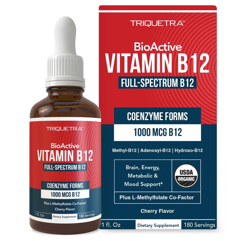 BioActive Vitamin B12 1000 mcg | Contiene 3 forme bioattive B12 Plus Methylfolate Cofactor - Methyl B12, Adenosyl B12 & Hydroxy B12 | Forma sublinguale, Cherry Flavor, Organic, Vegan (180 Servings)