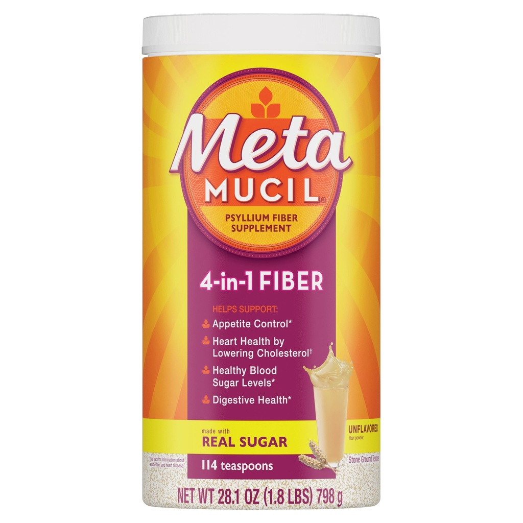 Métamucil, Poudre de Psyllium Husk, Texture originale non aromatisée, avec sucre, 114 portions, supplément de fibre de 4-en-1, Poudre de fibre de Psyllium Husk quotidienne Aidez à soutenir la santé digestive en favorisant la régularité*