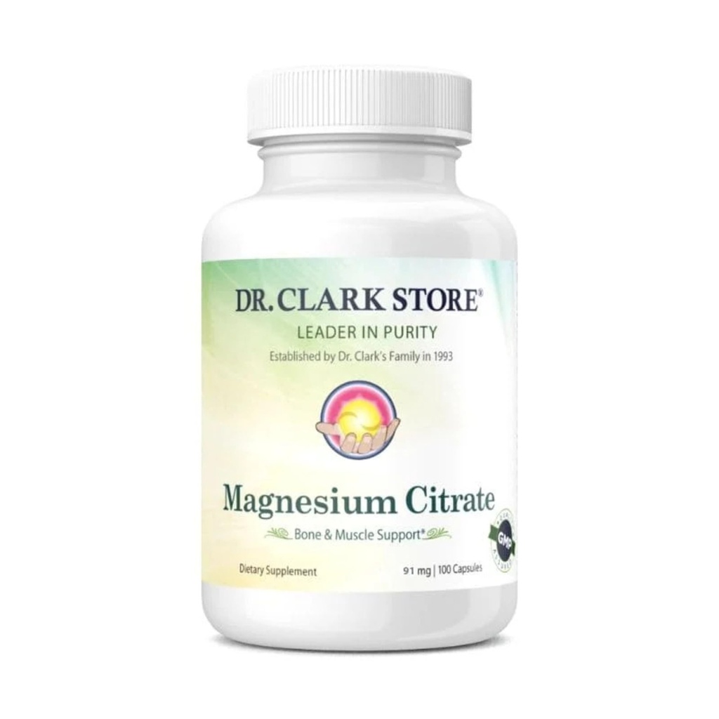 Dr. Clark Store Citrato di magnesio – 91mg, 100 capsule, Supporta la produzione di energia, Funzione di enzima e salute del sistema nervoso