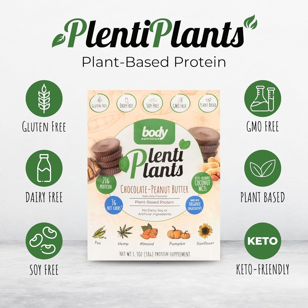 Body Nutrition PlentiPlants Pflanzenbasiertes Proteinpulver, Milchfreies Protein ohne Soja oder Künstliche Inhaltsstoffe, Natürlich aromatisiertes Bio-Pflanzenprotein Shake, Schokolade Erdnussbutter, 38 g