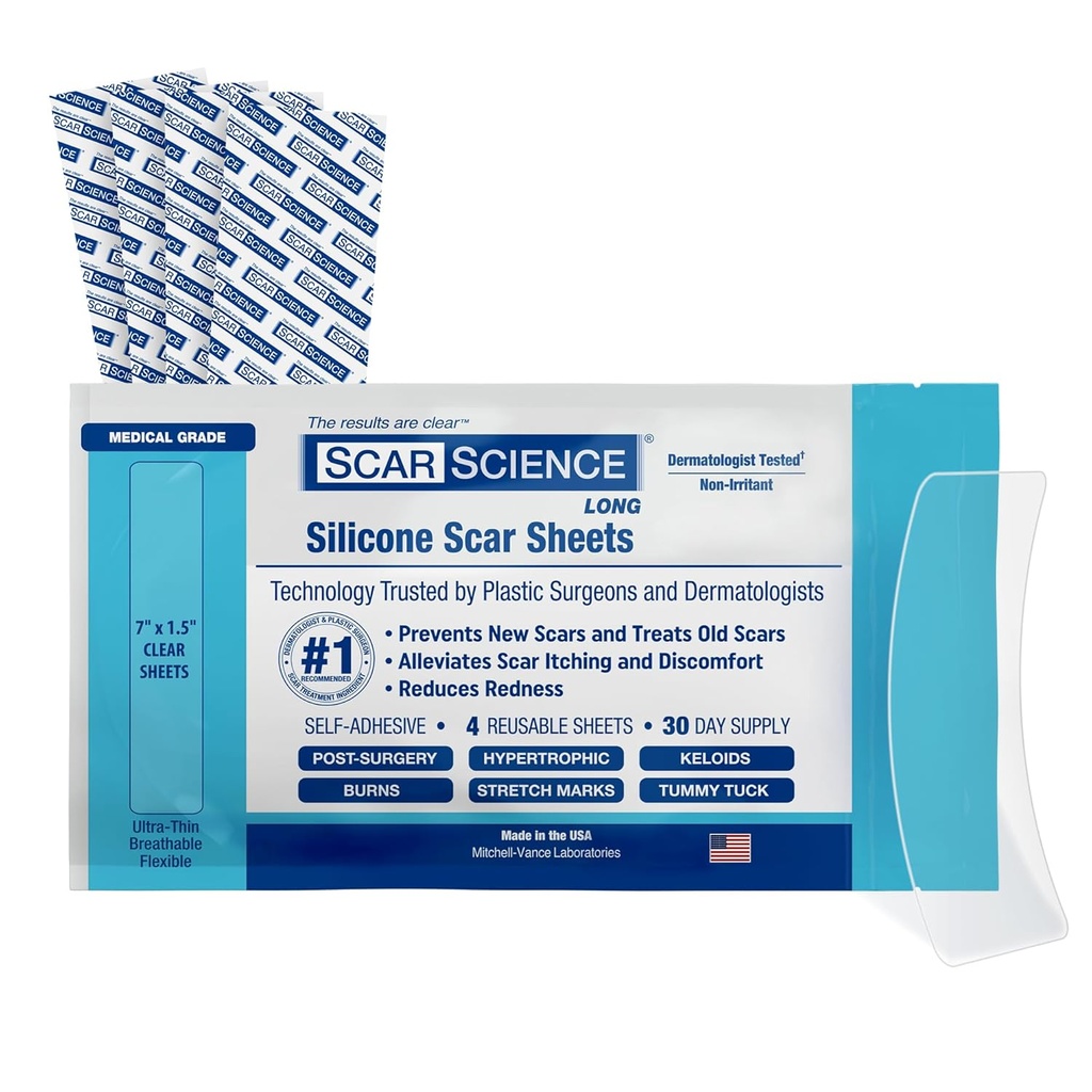 Feuilles de cicatrices en silicone de qualité médicale - ruban en silicone résistant à l'eau de 7" réutilisable pour les cicatrices - ruban respirant clair pour la section C, tummy tuck, cicatrices chirurgicales et kéloïdes - 4-Pack