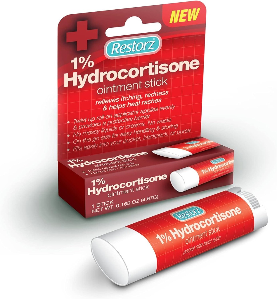 Restorz Hydrocortisone 1% Cream Treatment Stick (1 Pack) - Kein Mess Travel Size Ointment Applicator für gentle Support/Portable & Einfach zu bedienen/Fast Acting Relief für Itches, Bites, Redness & Rashes
