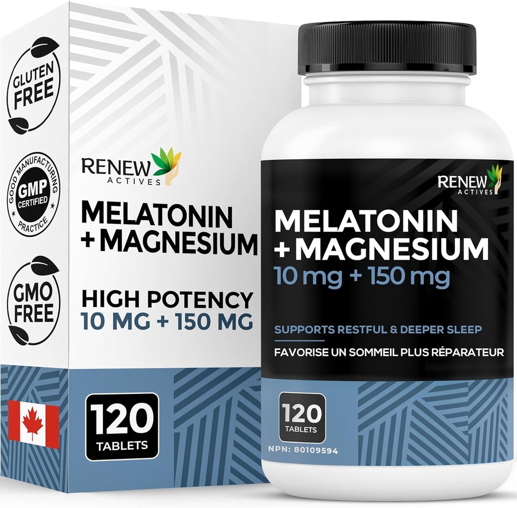 RENEW ACTIVES Melatonin 10MG mit Magnesium 150MG Schlafhilfe pro Servierung – Unterstützt Schlafanzug, Jet Lag Relief, Tissue Formation & Elektrolyt Balance für wiederkehrenden Schlaf – Made in Canada – 120 Kapseln