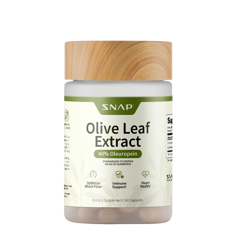 Snap Suppléments Olive Leaf Extract Capsules - Super Strength 40% Oleuropein pour le soutien du flux sanguin, améliorer la digestion, supplément boost antioxydant, améliorer la fonction cérébrale (60 capsules)