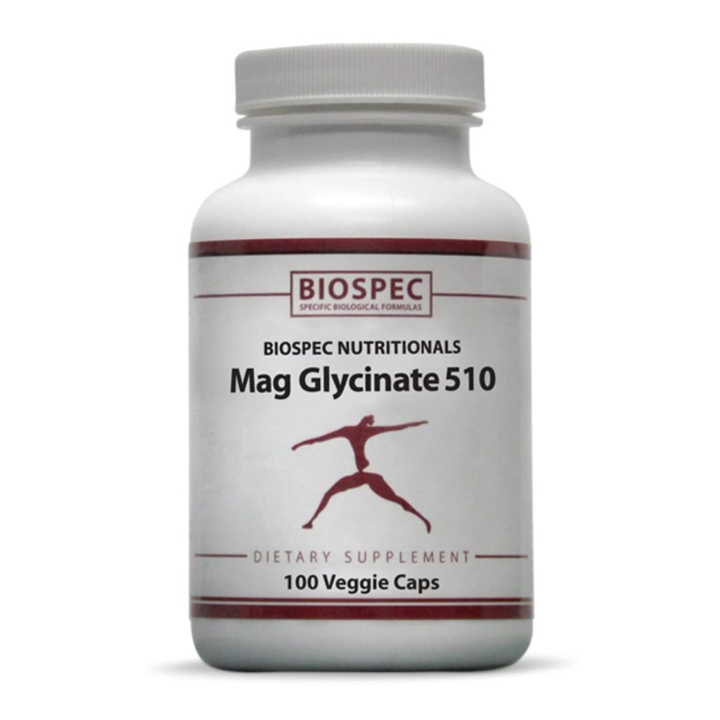 Biospec Nutritionals Mag Glycinate 510 – Magnésium Glycinate – Supplément nutritionnel pour le stress, la santé cardiaque, les nerfs, les muscles, l'énergie et le métabolisme* - (100 capsules)
