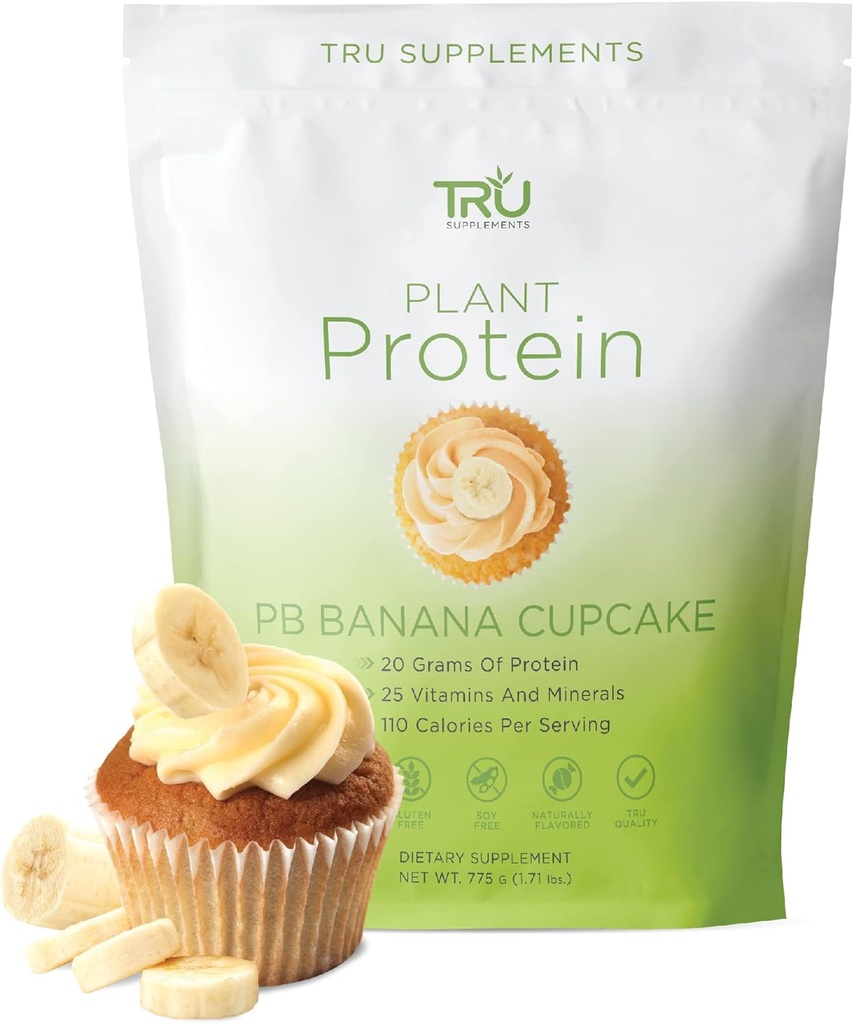 TRU Pflanzenbasiertes Proteinpulver, BCAA, EAA, 20g Vegan Brown Rice & Pea Protein, 100 Kalorien, 27 Vitamine, keine künstlichen Aromen 25 Servierungen (Peanut Butter Banana Cupcake)