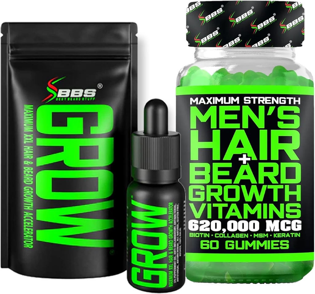 Bart Growth Kit w/Grow XXL Bart Öl/Serum für Gesichtshaarwachstum für Männer + Maximale Stärke 620.000mcg 14-in-1 BIOTIN Gesichtshaarwachstum Vitamine für Männer - Formuliert in Amerika