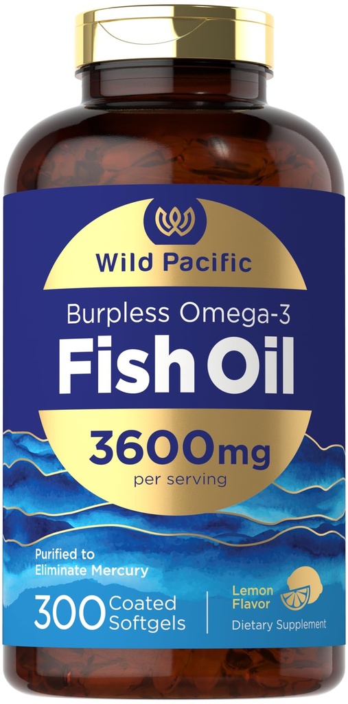 Carlyle Burpless Fish Oil 3600 mg | 300 Softgels | with Omega-3 Fatty Acids | Lemon Flavor | Non-GMO, Gluten Free Supplement | by Wild Pacific