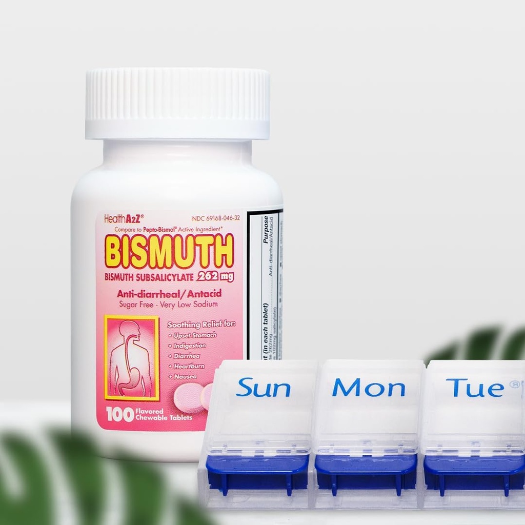 HealthA2Z® Mega Savings Bundle: Bismuth Subsalicylate 262mg, 100 Chewable Tablets & 7- Day XL Pills Organizer