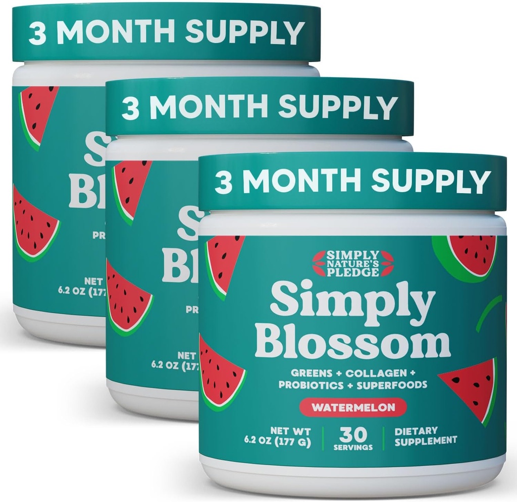 Semplicemente Blossom Nutrition Daily Greens & Superfood Powder + Collagen + Probiotici per la salute digestiva delle donne & Bloating Relief. Aiuta la tua salute Bloom - 3 mesi di alimentazione - Watermelon