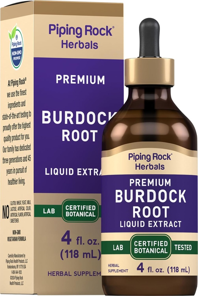 Piping Rock Burdock Root Tincture Extract | 4 fl oz | Premium Kräuterflüssigkeit Tropfen | Certified Botanical Supplement | Non GMO, Glutenfrei