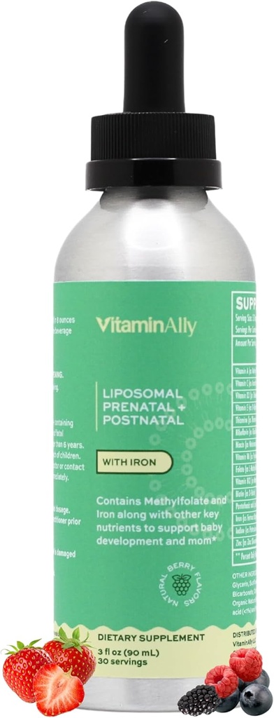 Liposomale liquide prénatal + Multivitamines postnatales gouttes avec Iron (non-OGM) Sans sucre (sans gluten) Facile à avaler (sans gluten) Soutient le développement du bébé et l'approvisionnement de 30 jours (avec maman)
