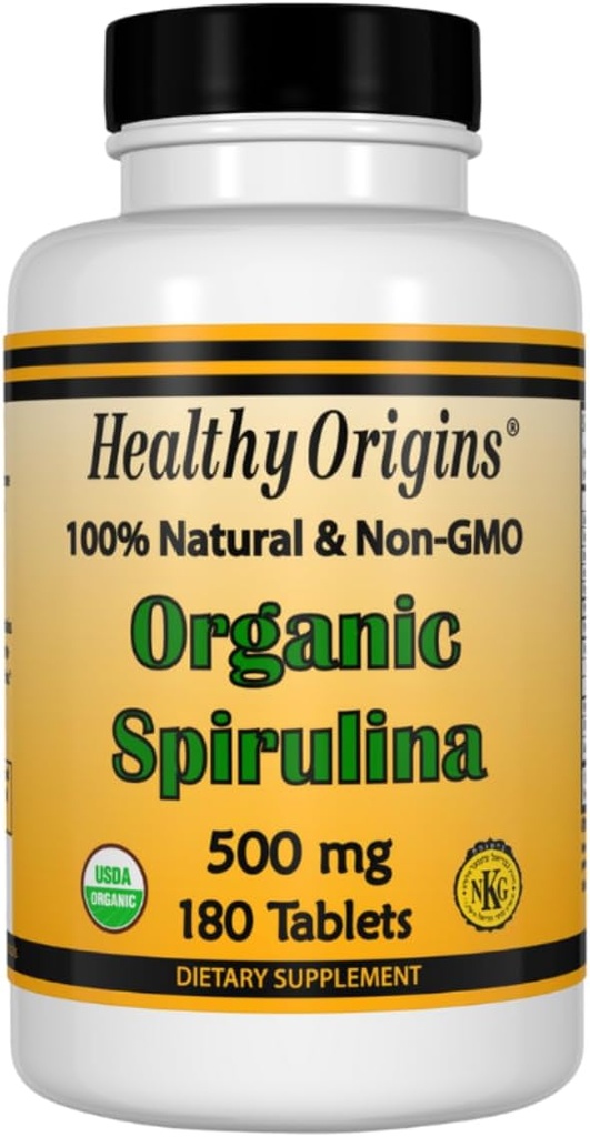 Healthy Origins Spirulina, 500 mg (Organic) - Organische Spirulina Tablette mit Vitamin A & Vitamin B12 - Kosher Certified - Vegan, Non-GMO, und Glutenfreie Spirulina Pille - 180 Tabletten