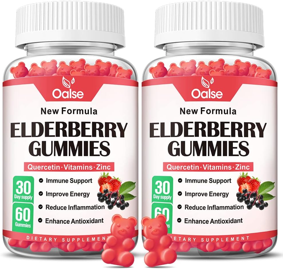 Organic Elderberry Gummies für Kinder und Erwachsene - Sambucus Black Elderberry Gummies + Zink und Vitamin C & D3 Unterstützung Immune Defense Muskel Strength Dental Health [60 Count (Pack von 2)]
