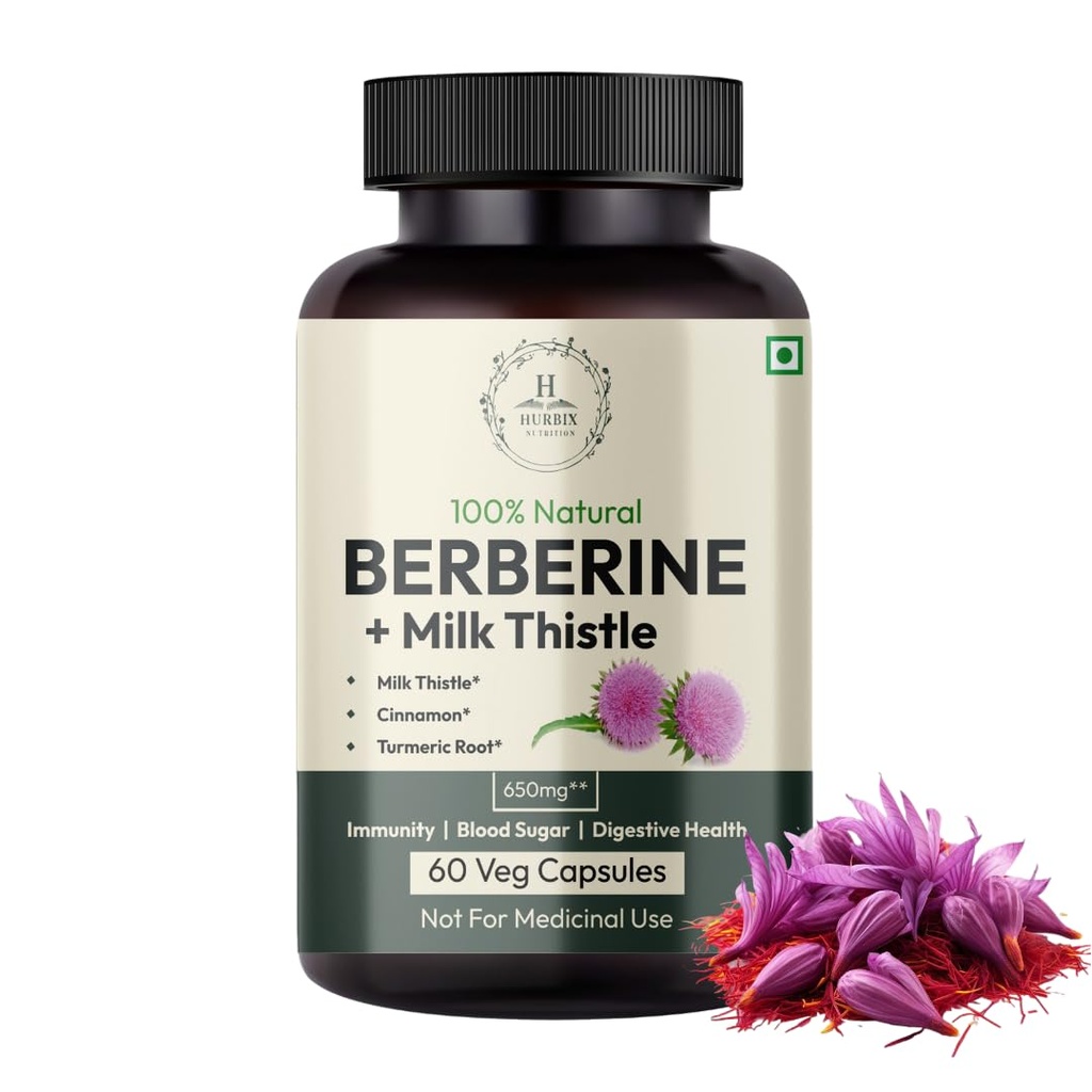 Hurbix Berberine - 1300 mg | 5 in 1 Formula potenziata con cardo al latte, curcuma e cannella | Formula premium ad alta potenza | 60 capsule