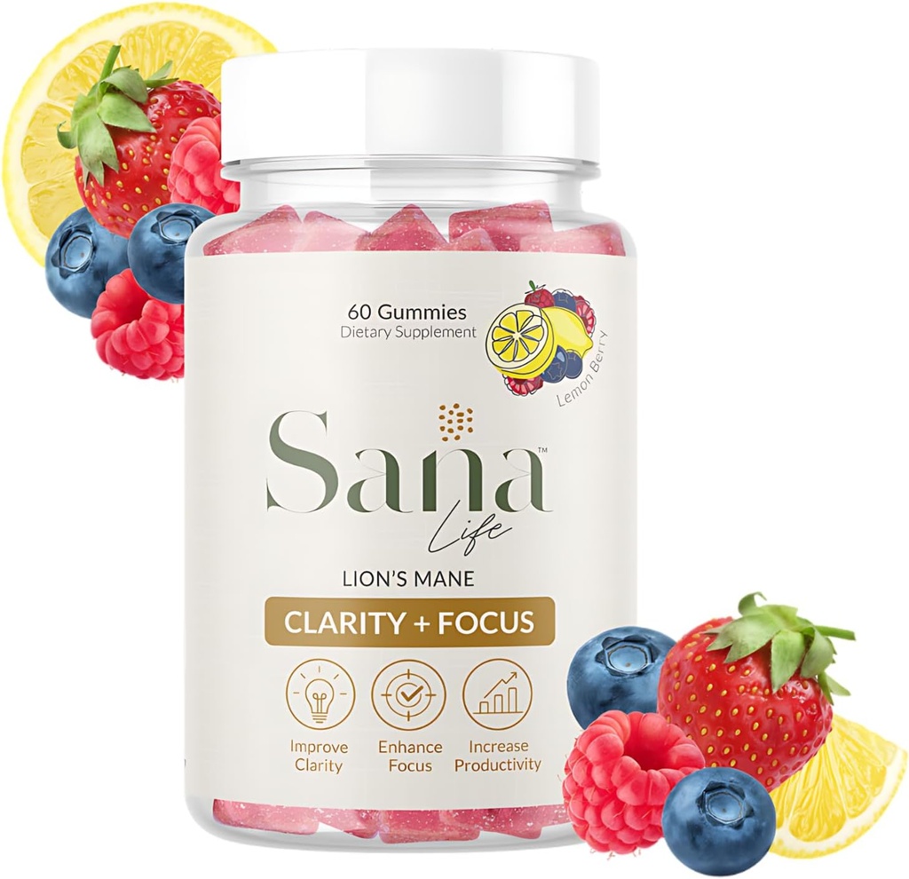 Organic Lion's Mane Mushroom Supplement Gummies - Daily Brain Health Boost for Clarity, Focus & Productivity - Delicious Lemon Berry Flavor - 30 Serve