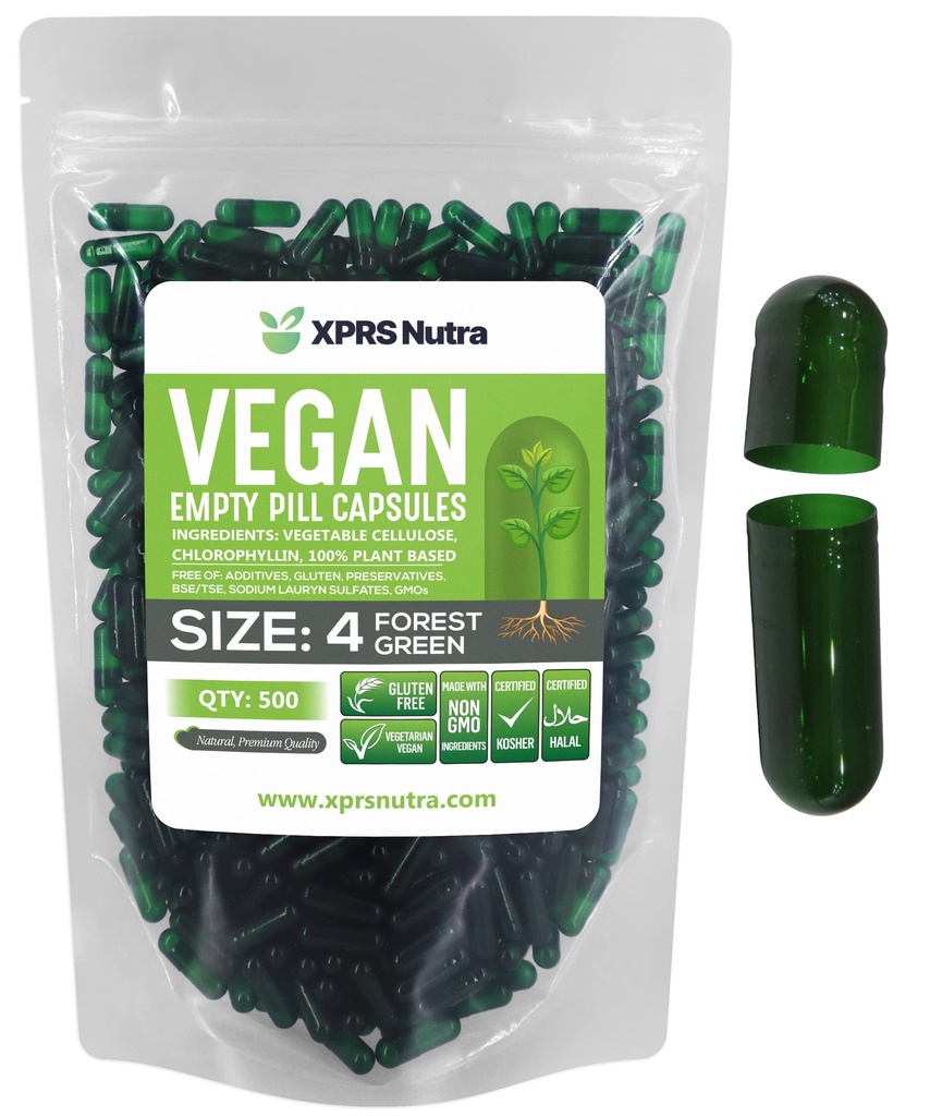 XPRS Nutra Size 4 capsule vuote - 500 conte Piccole capsule vegane vuoto - DIY Capsule vegetali Riempimento - Fillable Do-It-Yourself Veggie Pill Caps per i supplementi (Forest Green)