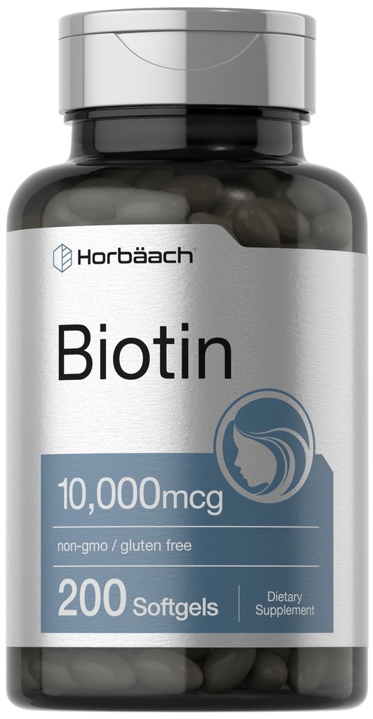 Horbaach Biotin 10000 mcg | 200 Softgels con vitamina B7 | Formula di bellezza supplemento | Non OGM & Gluten Free