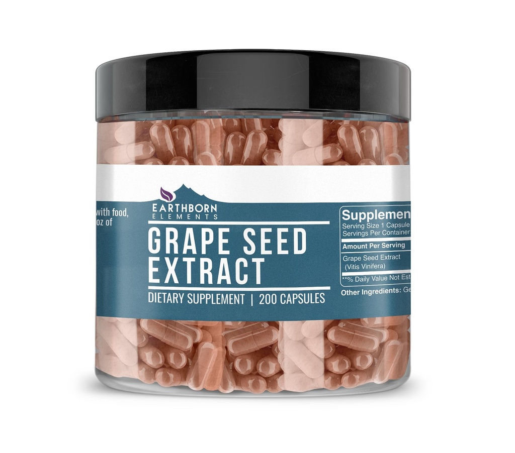 Éléments terriens Extrait de graines de raisins purs 200 capsules, purs et non dilués, sans additifs