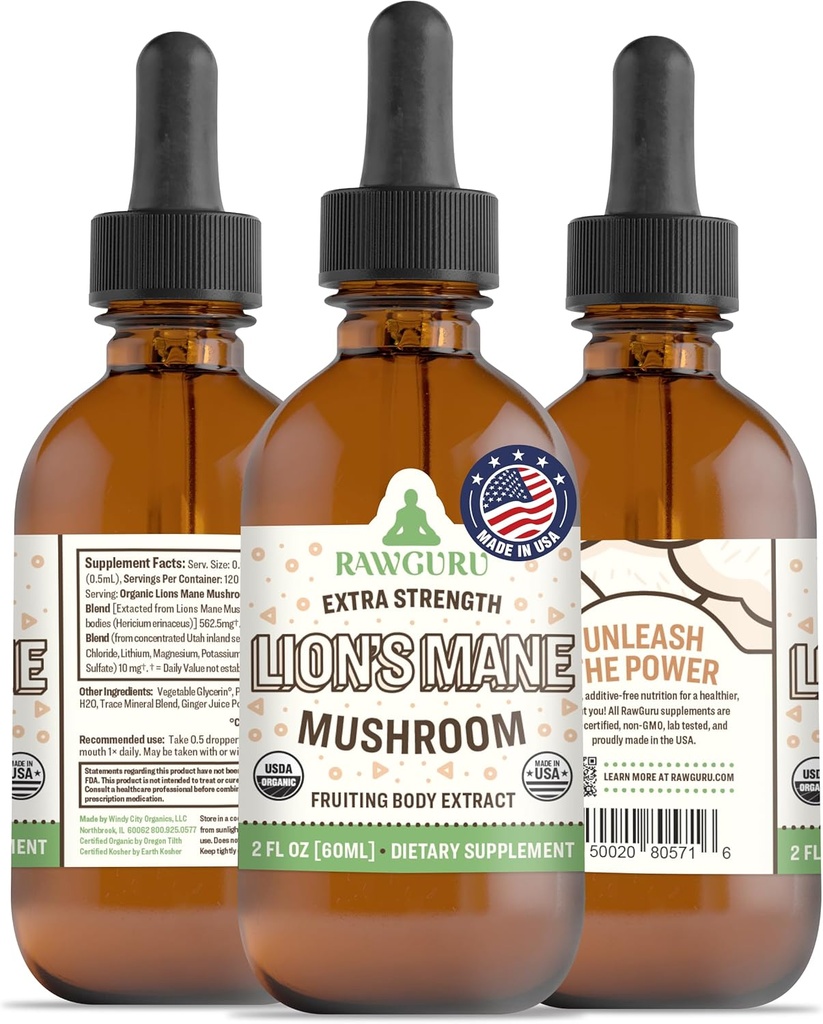 RawGuru Lion's Mane Mushroom Tincture - Vegan Lion's Mane Extract with Trace Minerals - Nano-Processed Immunity Boost & Cognitive Supplement - 120 Serve di Vegan Drops per 60 ml, Confezione da 1
