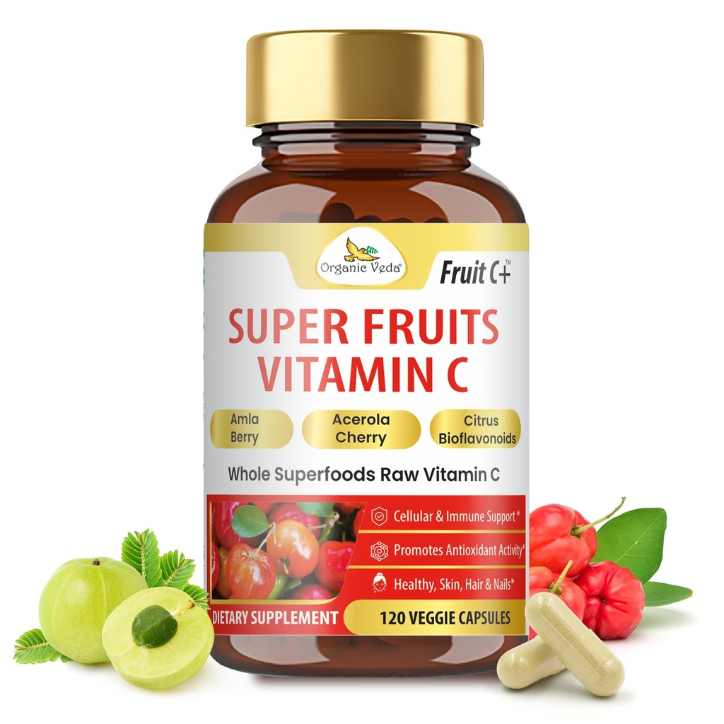 Estratto di vitamina C di Veda Organica con Acerola Cherry & Amla Berry - Integratore di vitamina C Intera Alimentare con Citrus Bioflavonoidi per Immunità, Cellular & Skin Health - 120 Pillole Vegane