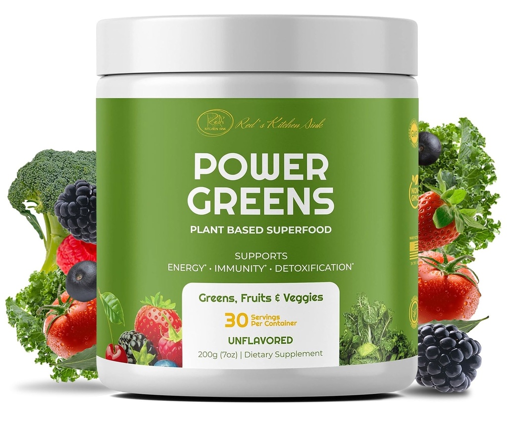 Red's Kitchen Sink Power Greens Powder - Daily Greens Superfood Powder - Fruity, Veggie, & Green Leafy Smoothie Drink Mix - Superfoods Maca Root, Spirulina, Chlorella, & More (200 Gramm)