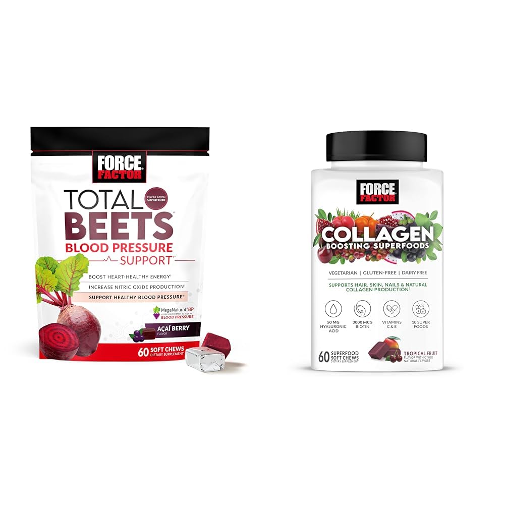 Force Factor Total Beets Blutdruckunterstützung 60 Chews und Collagen Boosting Superfoods 60 Soft Chews für Herzgesundheit, Haut, Haar und Nägel