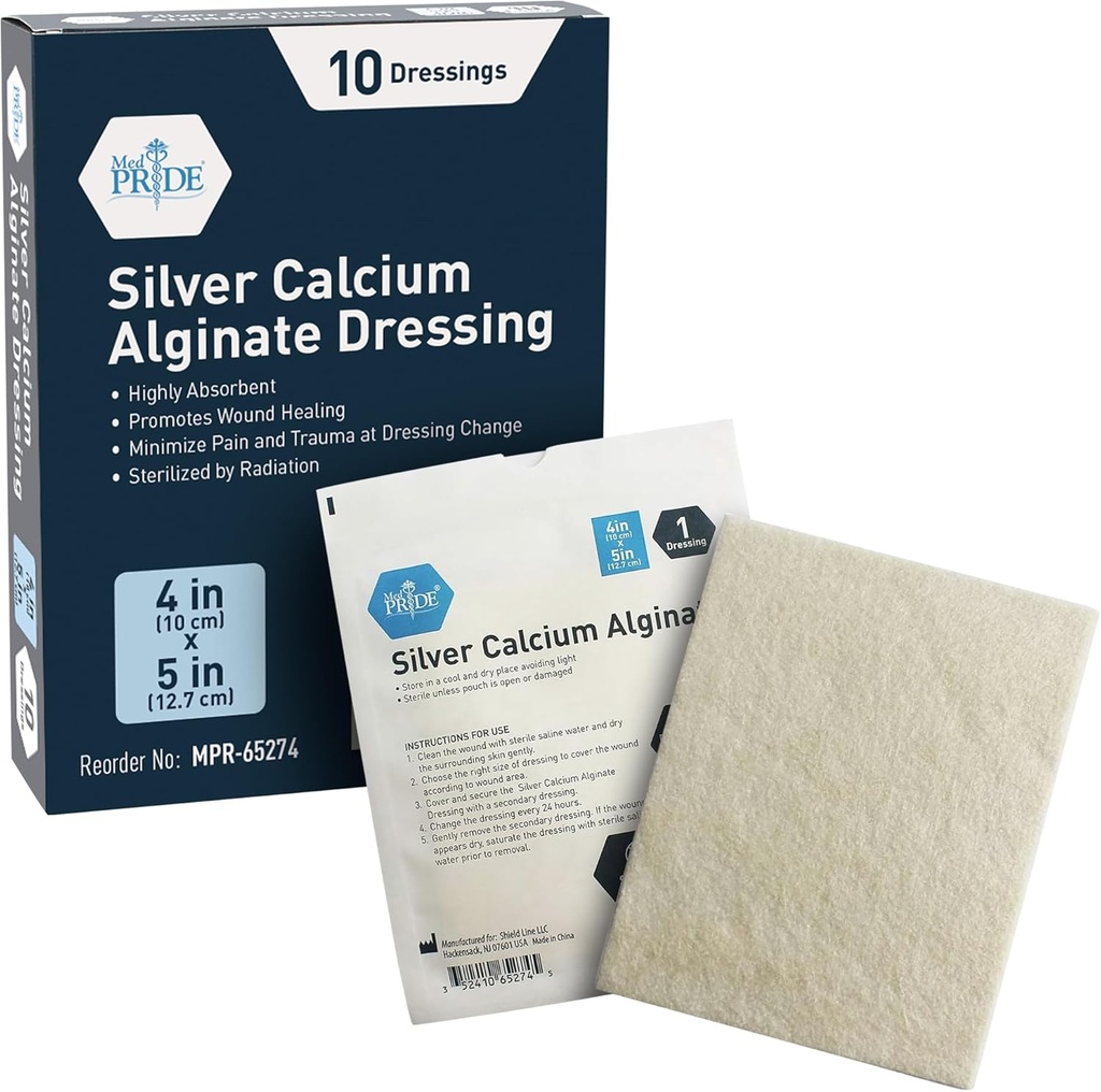 MED PRIDE Silber Kalzium Alginat Wound Dressing, 10-Pack | Hoch absorbierend, Antihaft, Seaweed, Einfache Entfernung (4'' x 5''' Silber)