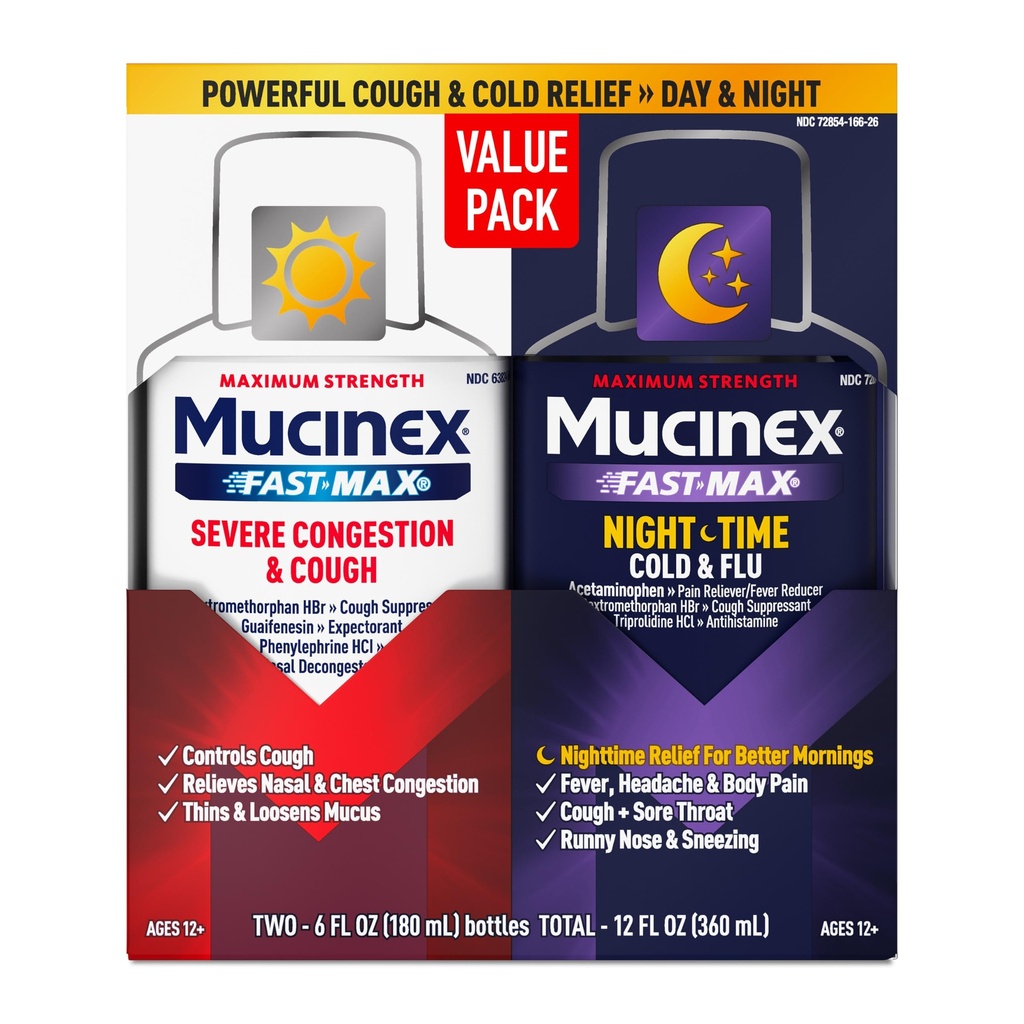 Mucinex Fast-Max & NightShift Combo Pack - Tosse di massima resistenza & medicine fredde per il sollievo del muco, la congestione del petto, la congestione nasale, la congestione del seno, la pressione del seno, il sollievo del sintomo della tosse (2x 6 FL OZ)