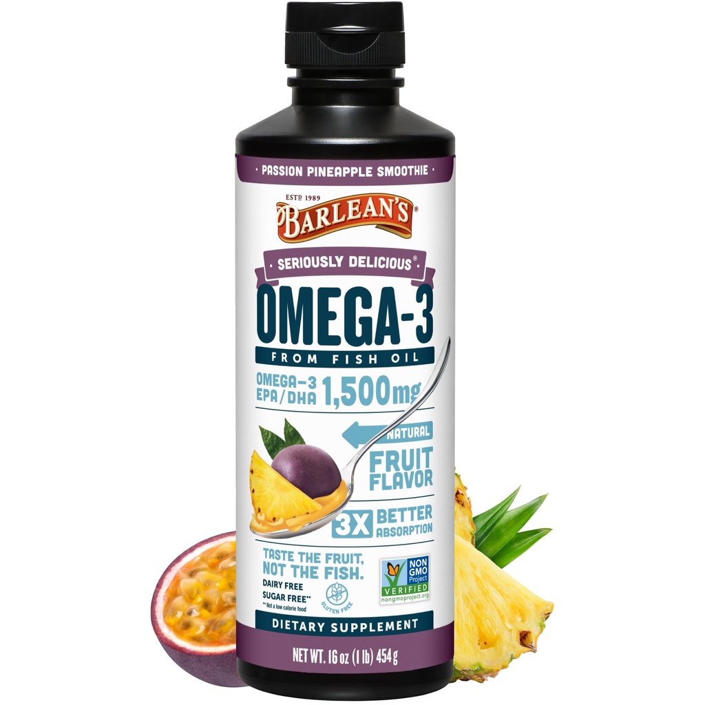 Barleans Omega 3 Fish Oil Liquid Supplement für Männer und Frauen, Passion Ananas, 1500mg EPA und DHA Fettsäure, 16 oz