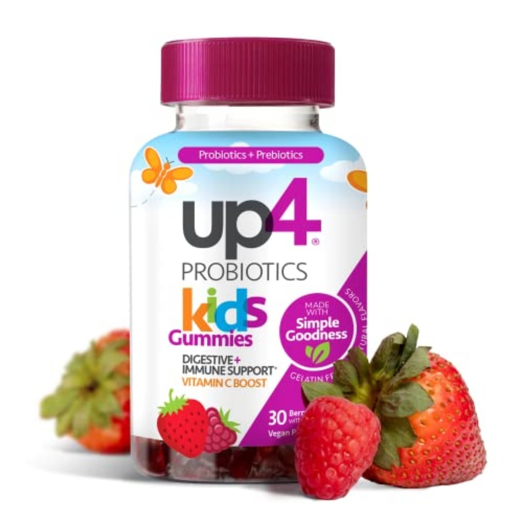 up4 Bambini Probiotici Gummies, Supporto Digestivo e Immune con Prebiotici e Vitamina C, Gelatin Free, Gluten Free e Non OGM, Per Età 3+, 30 conteggio