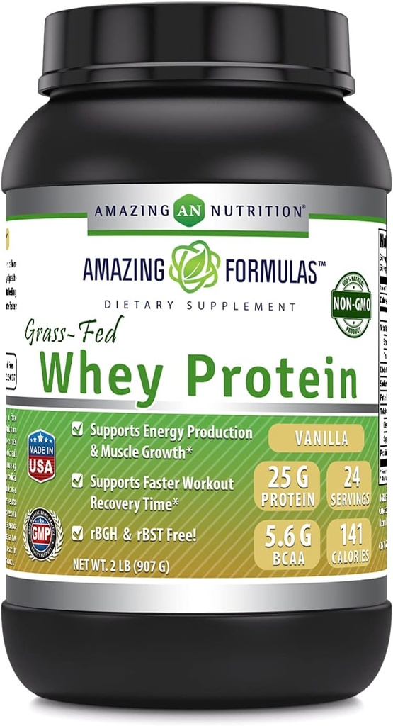 Erstaunliche Formeln Gras-Fed Whey Protein Powder Supplement | 2 Lbs | Vanilla Flavor | Non-GMO | Gluten-Free | Made in USA