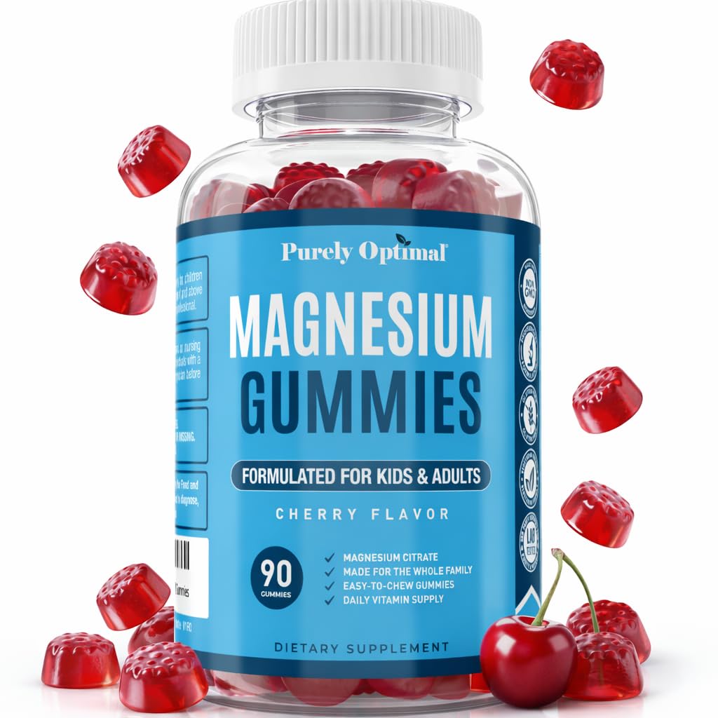 Gummie di Magnesio puramente ottimali per bambini e adulti - Delizioso sapore di ciliegia - sonno, calma e digestivo supporto, rilassamento, salute del muscolo - Magnesio masticabile, senza glutine, Vegan - 90 Gummies