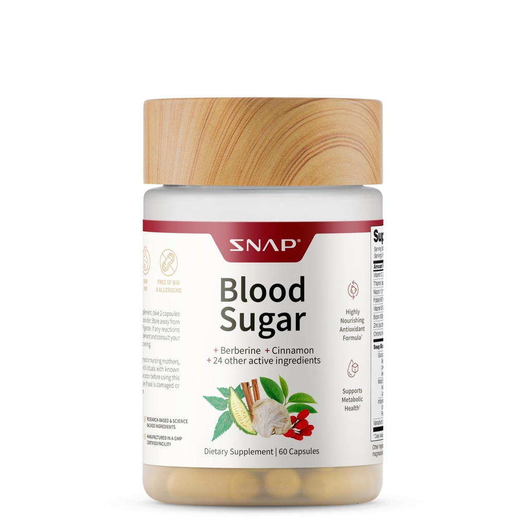 Snap suppléments de sucre de sang avec berbère, CoQ10, cannelle, acide alpha lipoïque et Gymnema pour soutenir le sucre de sang sain, la santé métabolique et l'énergie, sans sucre, 60 capsules