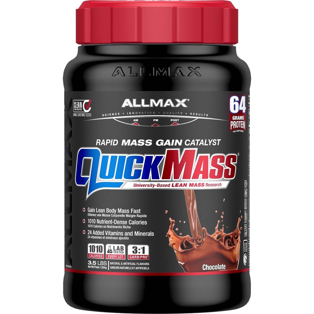 ALLMAX QUICKMASS, Cioccolato - 3.5 lb - Catalizzatore rapido del guadagno di massa - Fino a 64 Grammi di Proteine Per Serving - 3:1 Carb a Protein Ratio - Zero Trans Fat - Fino a 24 Serve