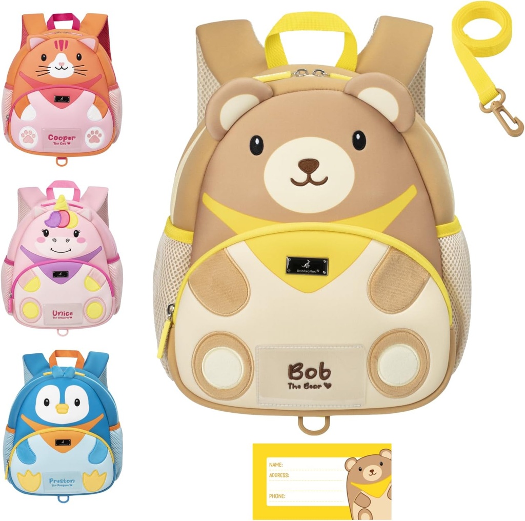 BabbleRoo Toddler Backpack, Kids Backpack - Light & Comfortable, Water Resistant Neoprene, Leash for Toddlers 1-3, Reflective Strips for Visibility, Animal Backpack, Bob The Bear