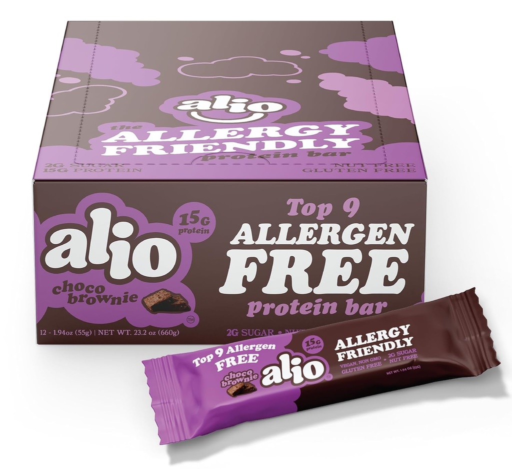 Alio Protein Bars - Choco Brownie (12 Bars) – Free From The Top 9 Food Allergens, High Protein, Low-Calorie, Vegan, Gluten-Free, Nut-Free, Non-GMO, Plant-Based, Seed Oil Free, Delicious & Healthy Snack
