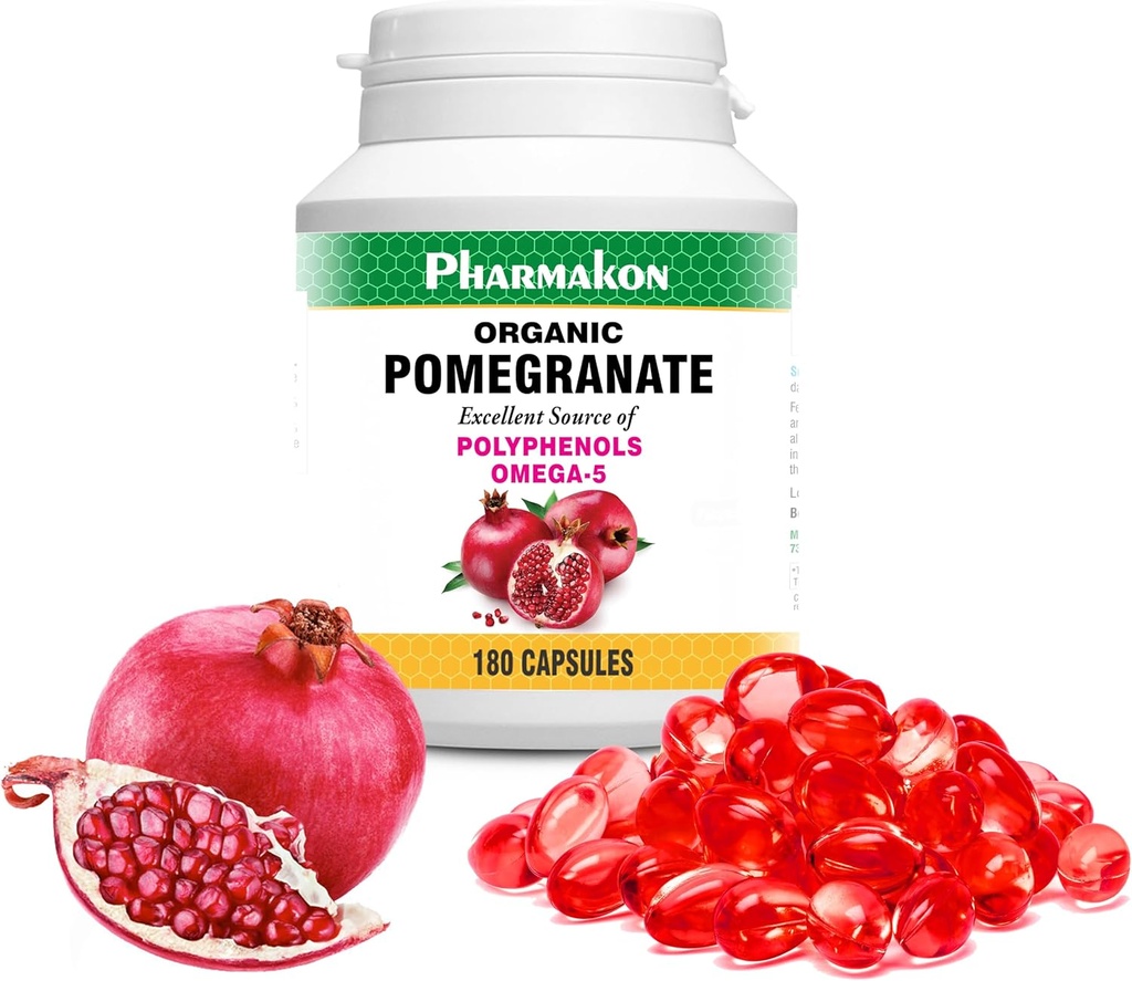 PHARMAKON Extrait de grenade biologique, softgels hautement biodisponibles, spectre complet contient des polyphénols + Oméga 5 (180 Nombre)