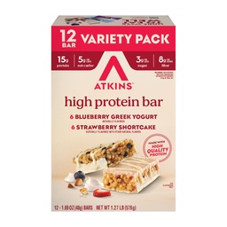 Atkins Blueberry Griechischer Joghurt & Strawberry Shortcake High Protein Bar, High Fiber, Keto Friendly, 12 Count (6 Bars Jede Geschmack)