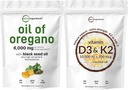 Mikro Zutaten Öl von Oregano Softgels 6,000mg pro Servieren & Vitamin D3 10.000iu + K2 200mcg Kokosöl Softgels Bundle 2 Pack | 4X Stärke Carvacrol & Thymoquinon | Essential Sunshine Vitamine