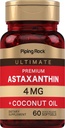 Piping Rock Astaxanthin 4mg | 60 Softgels | mit Kokosnussöl | Algen Extrakt Ergänzung | Non GMO, Glutenfrei