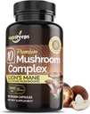 Organic Mushroom Supplement - Top 10 Pilze Mischung mit Cordyceps, Reishi, Maitake, Shiitake, Lions Mane & More | Nootropics Gehirn Fokus Unterstützung | 2600mg | 90 Kapseln