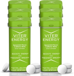 Viter Energy 40mg Caffeine Mints - Sugar Free, B Vitamins, Vegan, Boosts Fast Energized Alert Focus, Caffeinated Nootropic Supplement Pills (Spearmint Flavor, 20pcs, 6 Pack, 120pcs Total)