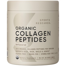 Sports Research® Organic Collagen Peptides - Hydrolysed Type I & III Collagen Protein Powder Made Sustainable from Grass-Fed Cows - USDA Organic. Non-GMO · Gluten Free - Unflavored, 30 Servings