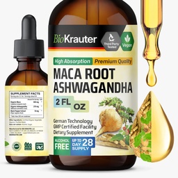 BIO KRAUTER Maca Root und Ashwagandha Tinktur - Maca & Ashwagandha Ergänzungen für Männer & Frauen - Flüssige Ergänzung für Moodunterstützung - Alkohol und Zuckerfrei - Vegan Tropfen 2 Fl.Oz.