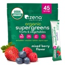 Zena Nutrition Bio Super Greens Powder, 70+ Superfoods, 0 Zucker, 5G Fiber, Spirulina, Chlorella, Antioxidantien, Präbiotika/Probiotika, Verdauungsenzyme, Mischbeere, 45 Getränke Mix Packets