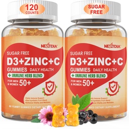 Zuckerfreies Vitamin C + D3 + Zink-Gummi für Erwachsene 50 +, 9 in 1 Immun-Verteidigungsergänzung mit D3 5000IU, Elderberry, Echinacea, Mullein Blatt für Boost Immunität, Power Antioxidant, Vegan (Pack von 2)