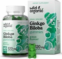 Wild & Organic Gingko Biloba 120mg Gummis - Brain Support and Focus Supplement w/Ginkgo Biloba Extract - Vegan, Non-GMO - 60 Pectin-Based Herbal Chewables